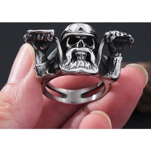 Punk Rock Motorcyclist Skull Ring For Men Gothic Big Beard Skull Stainless Steel Biker Ring Fashion Men Jewelry Gift Wholesale