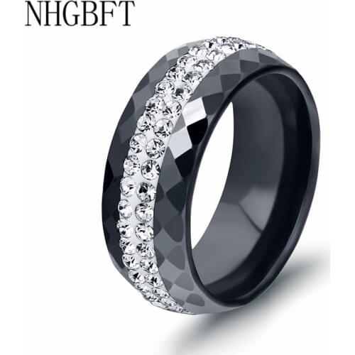 NHGBFT Fashion Comfort Fit Multi-faceted Black Ceramic Ring With CZ Jewelry Women Wedding Engagement ring Dropshipping