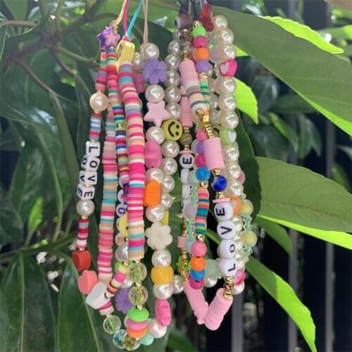 FFLACELL 2021 New Acrylic Smile Flower Beads Chain for Mobile Phone Anti-lost Cord Strap Wristband Bracelet Multi-use Lanyard