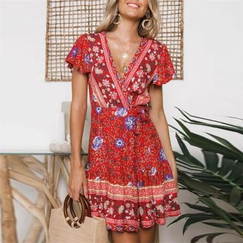New Summer Floral Print Mini Dress Women Short Sleeve V neck Lace Up Vintage Indie Folk Style Dresses
