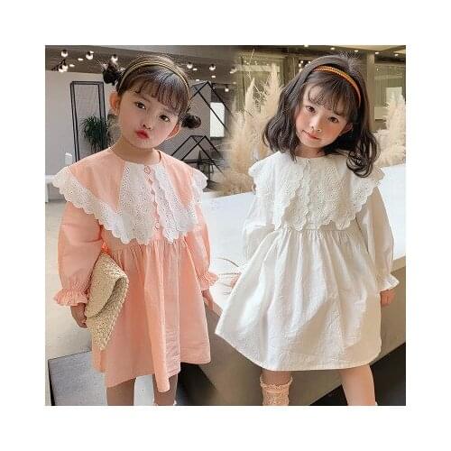 Spring new 3-7 year old girl baby big lapel lace high waist dress Korean childrens clothing girl baby fashion hollow dress