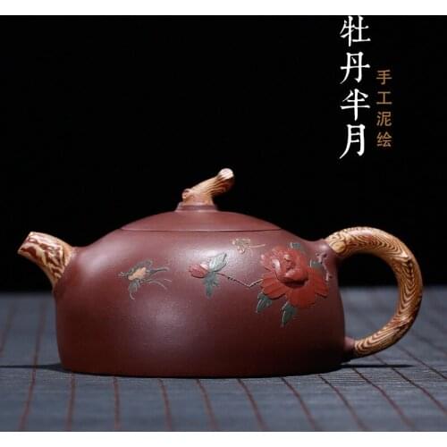 Ore mud manual coloured drawing or pattern authentic peony and half pot of a teapot wholesale issuing Qian Tao peak