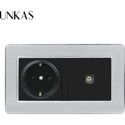 UNKAS 16A Russia Spain EU Standard Power Socket Grounded With Female TV Jack Stainless Steel Brushed Panel Wall Outlet