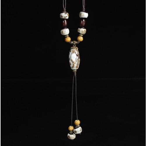 Vintage Handmade Ethnic Style Sweater Chain Jewelry Personality Girl Womens Accessories Ceramic Beaded Pendant Necklace