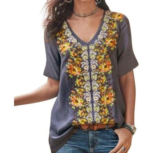 Summer Women Shirt Boho Floral Printed Sexy Deep V-Neck Short Sleeve Shirts Top Blouse 2019 New Female Trendy Baggy Retro Blouse