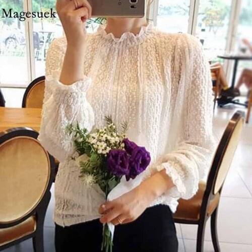 Women Petal Sleeve Stand-up Collar 2020 Spring Autumn Slim-fit Blouses Sweet Lace Bottoming Hollow Out Shirt Blusas Mujer 11685