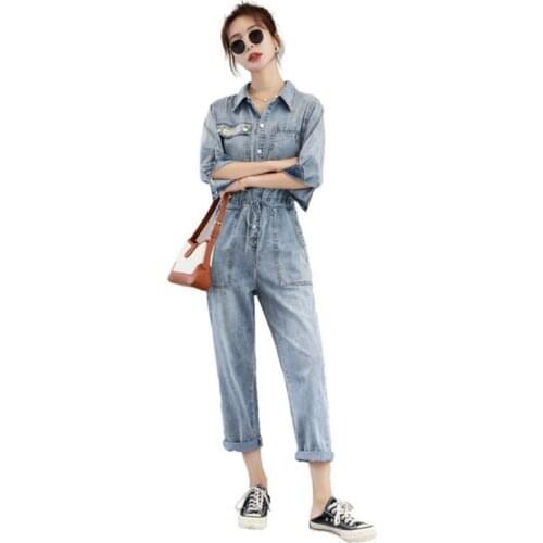 Women Denim Jumpsuit Lapel Multi-Pockets Single-Breasted Drawstring Waist Slim Fit Solid Blue Ladies Three-Quarter Sleeve Summer