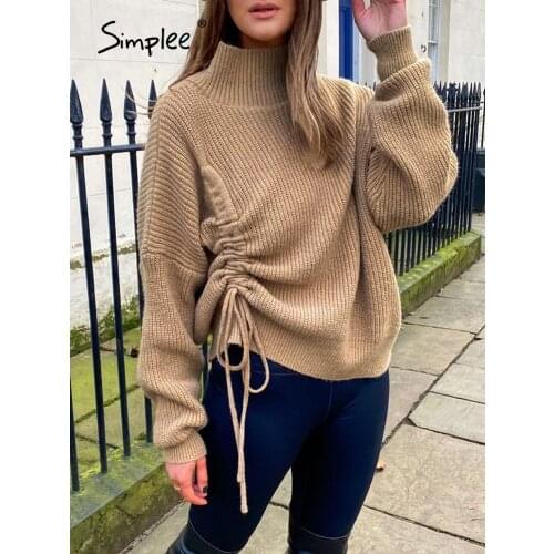 Simplee Office turtleneck women knit sweater winter Casual oversized shirring pullover brown Elegant long sleeve winter jumper