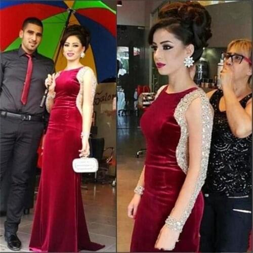 2020 Fashion Long Sleeve Mermaid Celebrity Dress Vestido De Festa Plus Size Burgundy Velvet Prom Evening Dresses robe de soriee