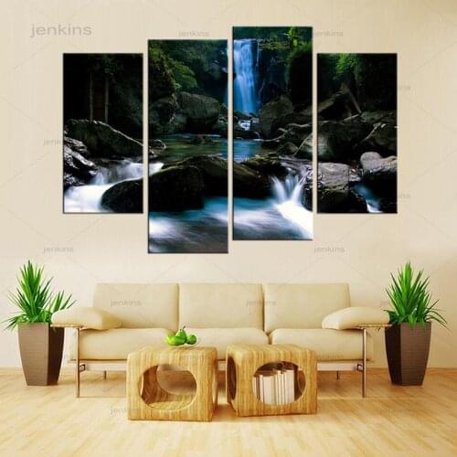 Watercolor Green Tree Waterfalls Cottage 4 Pieces Canvas Prints and Posters Nordic Wall Picture Home Decor Painting Unframed