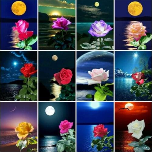 AZQSD Diamond Painting Rose Flower Rhinestones Diamond Embroidery Sale Seaside Landscape Rhinestones Home Decoration Craft