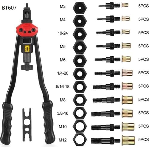 BT-607 Riveter Riveting Tool Hand Insert Rivet Nut Tool Manual Mandrels M3 M4 M5 M6 M8 M10 M12 SAE 10-24,1/4-20,5/16-18,3/8-16