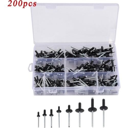200pcs/Set Assorted Black Rivets Standard & Large Flange Aluminum Alloy 8-18mm Blind Multi-Grip POP-Rivet - Color