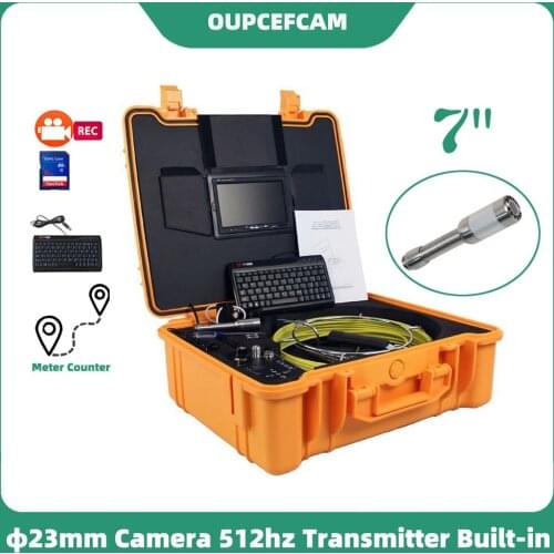 Φ23mm Camera 512hz Transmitter Drain Sewer Pipe Inspection Endoscope 7" Screen DVR Keyboard Meter Counter 5mm Cable Yellow Case