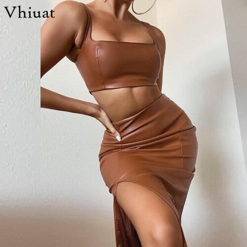 Hiuat Women Sexy Club PU Leather Dress Set Strap Mini Vest Tops And Split Midi Skirt Suit Two Piece Set Autumn Outfits 2021