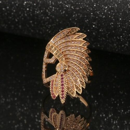 Indian Chief Gold Adjustable Ring with Bling Zircon Stone for Women Man Fashion Hip Hop Jewelry