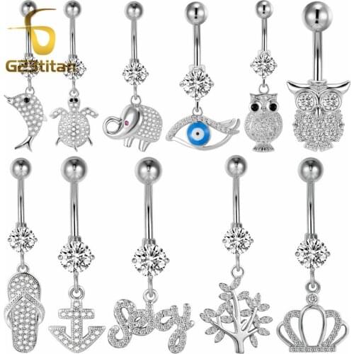 G23titan Silver Color Belly Piercing Rings 16G Titanium Belly Bars Crystal Animal Pendant Dangle Belly Ring Navel Jewelry