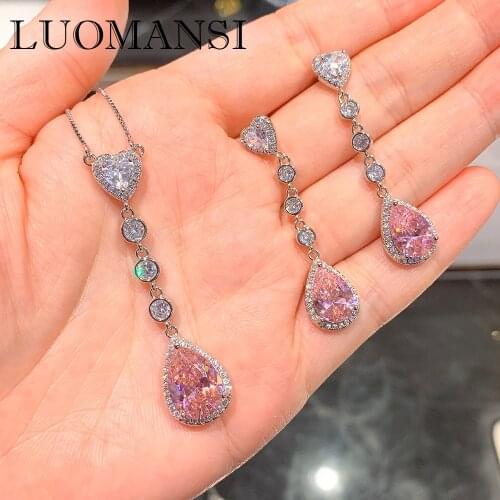 Luomansi S925 Sterling Silver Pink Heart-Shaped Zirconium Diamond Jewelry Set Earrings / Pendant Mecklace Set Birthday Gift