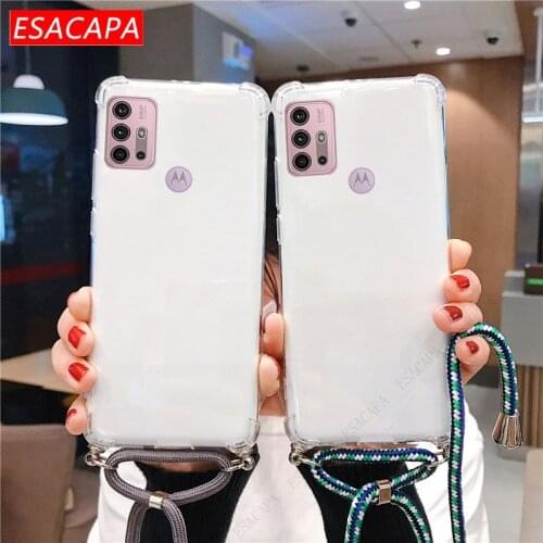 Crossbody Necklace Strap Cord Chain Phone Case For Moto G30 E7 Power Airbag TPU Transparent Shockproof Cover For G Stylus 2021