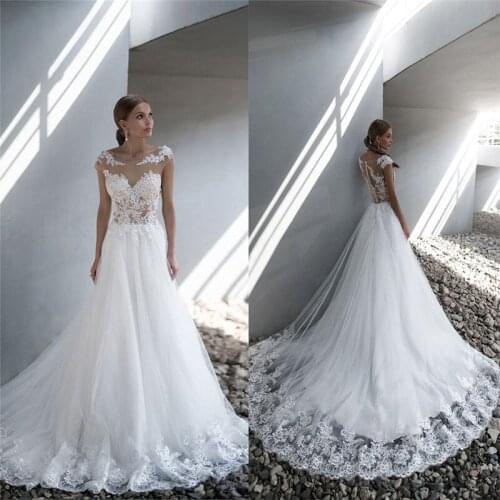 Illusion Lace Appliques A-Line Wedding Dresses Princess Lace Up Back Plus Size Custom Online Bride Wedding Dress Spring Garden