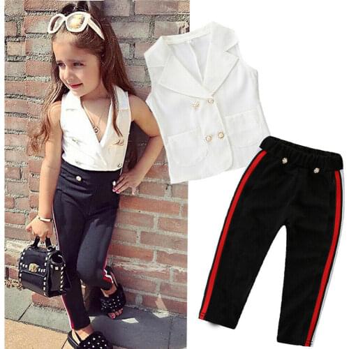 Summer 1-7Y Toddler Kids Girls Fashion 2PCS Sets Sleeveless Button T-shirt Tops+Pants Outfits Clothes