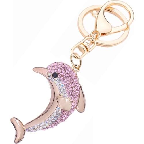 Fashion Rhinestone Animal Dolphin Keychain Charm Handbag Pendant Key Chains Ring Holder Women Bag Keyring Accessory Gift R047