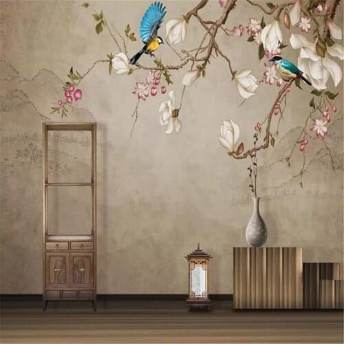 Milofi custom wallpaper mural 3D printing Chinese style flower and bird hand-painted magnolia TV decoration background wall