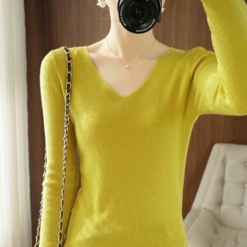 2021 spring new womens V-neck long-sleeved slim worsted cashmere sweater pullover