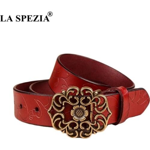 LA SPEZIA Pin Buckle Belt For Women Coffee Real Leather Belt Female Vintage Ethnic Genuine Leather Cowhide Ladies Jeans Belts