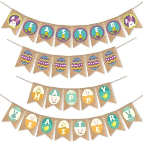 Happy Easter Burlap Banner Rabbit Eggs Print Bunting Pull Flag Garlands Photo Prop Vintage Holiday Party DIY Decoration