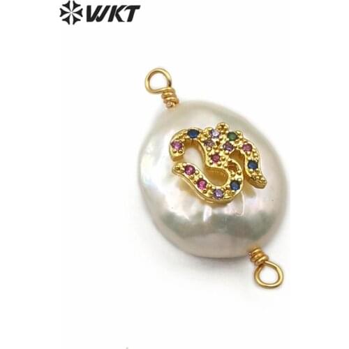 WT-MC277 WKT Natural Pearl＆CZ Pave Animal Shape Colorful Connector Double Hoops Women Fashion Necklace Pendant Jewelry