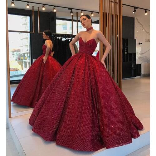 Glaring Long Evening Dresses with pockets 2021 sweetheart Puffy Ball Gowns Glitter Burgundy Arabic Style Women Formal Gown