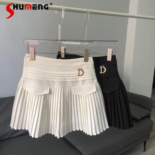 2021 Spring and Summer New All-Match High Waist Letter Metal Slim Pocket Pleated A- Line Short Skirt Female Casual