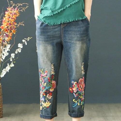 Women Summer Embroidery Floral Calf Length High Waist Jeans Female Casual Loose Ripped Harem Boyfriend Vintage Denim Pants