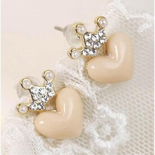 Fatpig Rhinestone Crown Heart Love Small Cute Joker Stud Earrings For Women Girl Gift Wedding Party