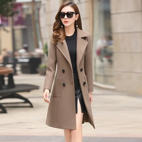 Long Slim Blend Outerwear 2019 Women Fashion Double Breasted Woolen Coat Woolen Coat Autumn Winter plus size Solid Coat Clothing