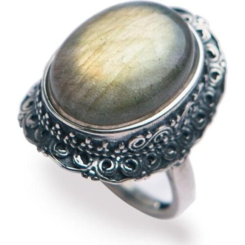 Genuine Natural Adjustable Labradorite Stone Crystal Ring Fashion 925 Sterling Silver Women Party Adjustable Size Ring 17*13mm