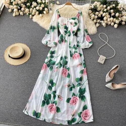 Fashion Runway Summer Autumn Dress Long Sleeve Sicilian Rose Green Leaves Sexy Slash Neck Split Maxi Floor Length Dresses Women