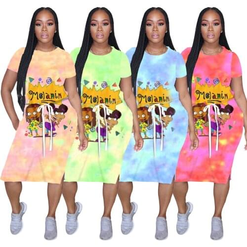 Print Cartoon African Dresses for Women Summer 2020 Sexy Boho Beach African Dress Short Sleeve Casual Midi Dress Africa Clothing