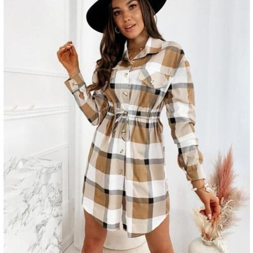 Woman Casual Long Sleeve Plaid Shirt Dress Autumn Fashion Button Lace Up Dresses For Women 2021 Pink Slim Office Mini Robe Femme