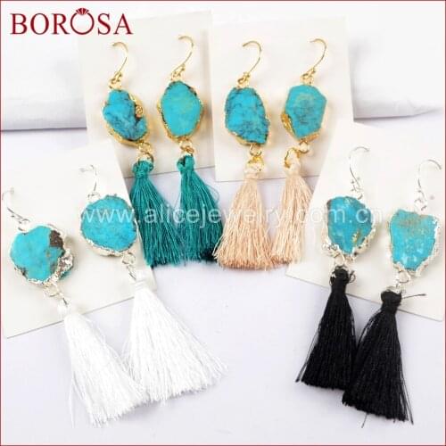 BOROSA 3/5pairs Natural Turquoises Slice Mixed Color Tassel Earrings for Women Natural Stone Earrings Drusy Jewelry G1627