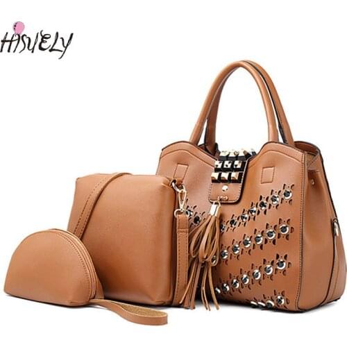3pcs/Set Women Composite Bags High Quality Rivet Tassel Ladies Handbags Female PU Leather Shoulder Messenger Bags Tote Bag Bolsa