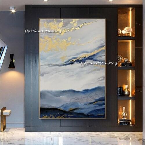 Abstract Gold Foil Block Blue landscape scenery Modern Golden Wall Art oil painting for Living Room Navy Decor