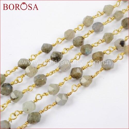 BOROSA 5Meters Gold Color 5~6mm Natural Labradorite Facted Bead Chain Beaded Chains for Necklace Jewelry JT226