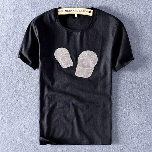 New design brand men linen t-shirt trend peaked cap embroidery t shirt for men summer fashion t shirts male o-neck tshirt mens
