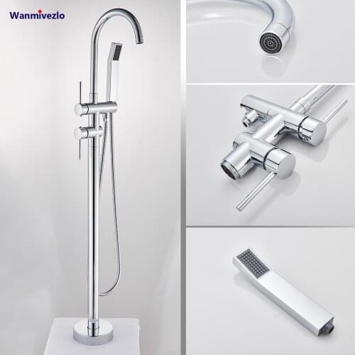 Chrome Polish Bathtub Shower Faucet Floor Standing Bath Tub Spout Shower Dual Handle Mixer Tap Bathroom Shower Faucet Mixer Tap