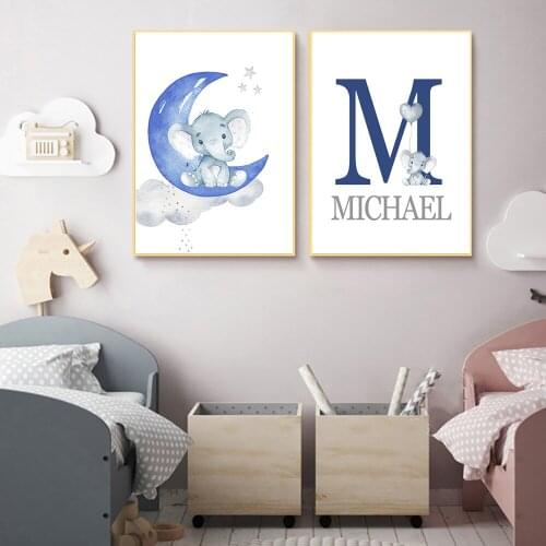 Custom Poster Nursery Prints Blue Baby Personalized Boyls Name Wall Art Canvas Painting Pictures Elephant Animal Wall Art