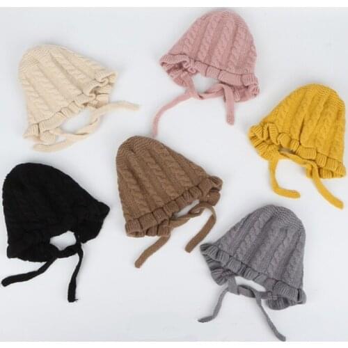 Korean Version Of Candy Color Childrens Ruffle Opening Strap Bonnet Knitting Wool Hat Autumn Winter Windproof Hemp Beanie Caps