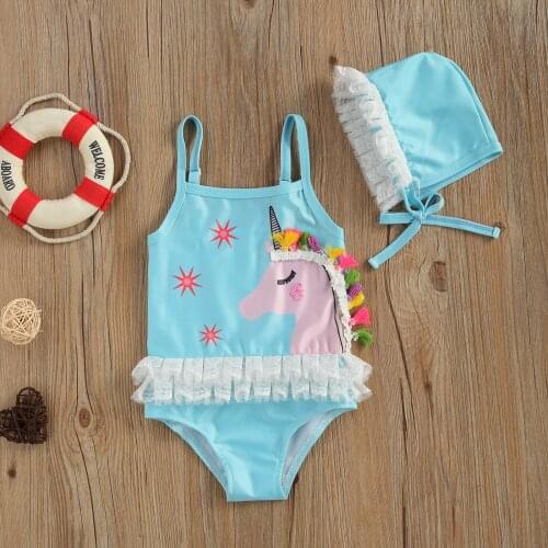 2021 Swimsuit Toddler Girl Cartoon Printing Two-pieces Swimsuit Baby Round Collar Sleeveless Bodysuit + Lace Decoration Hat Suit