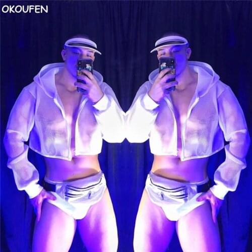 Fashion New Mens White Sexy Hollow Mesh Costumes Suits Nightclub bar Male singer Hiphop jazz Muscle Dance outfit